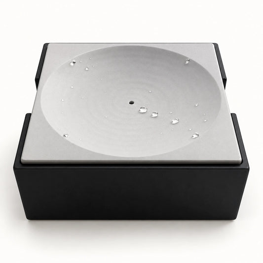 NovaRowan rechargeable water-drop cat toy with black base and light-gray dish