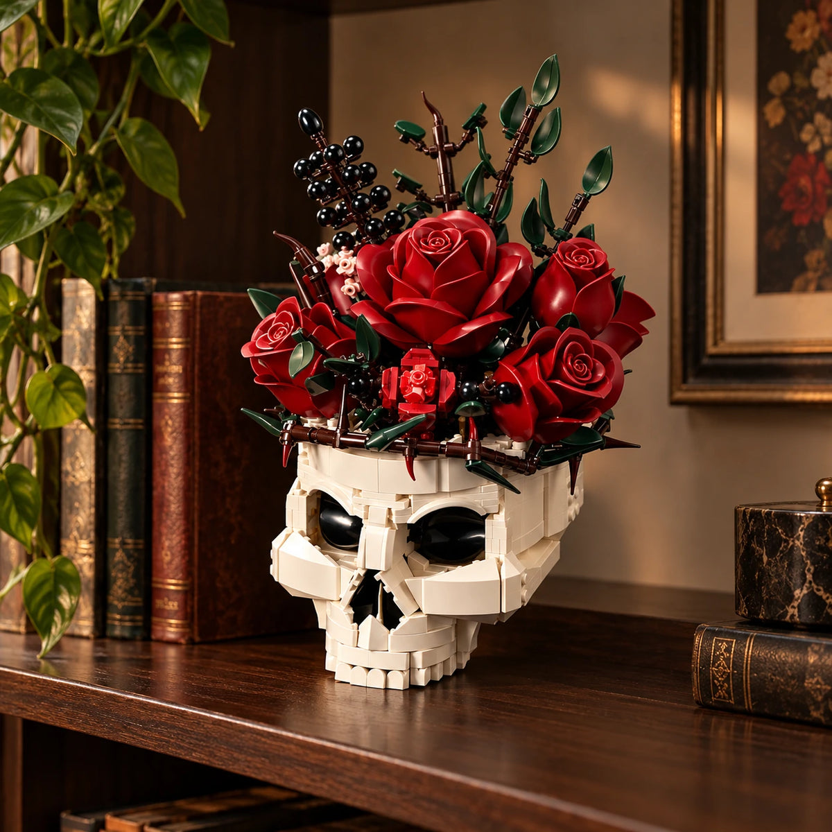 Gothic skull and rose building model displayed on a wood shelf