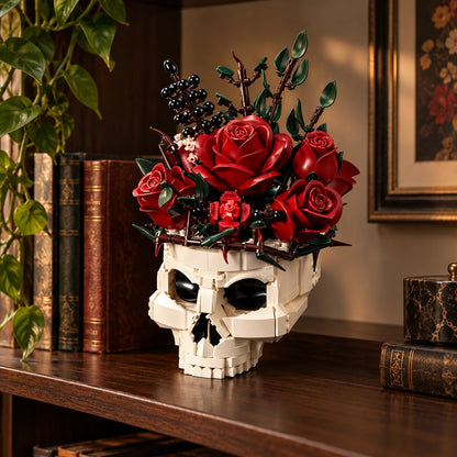 Gothic skull and rose building model displayed on a wood shelf