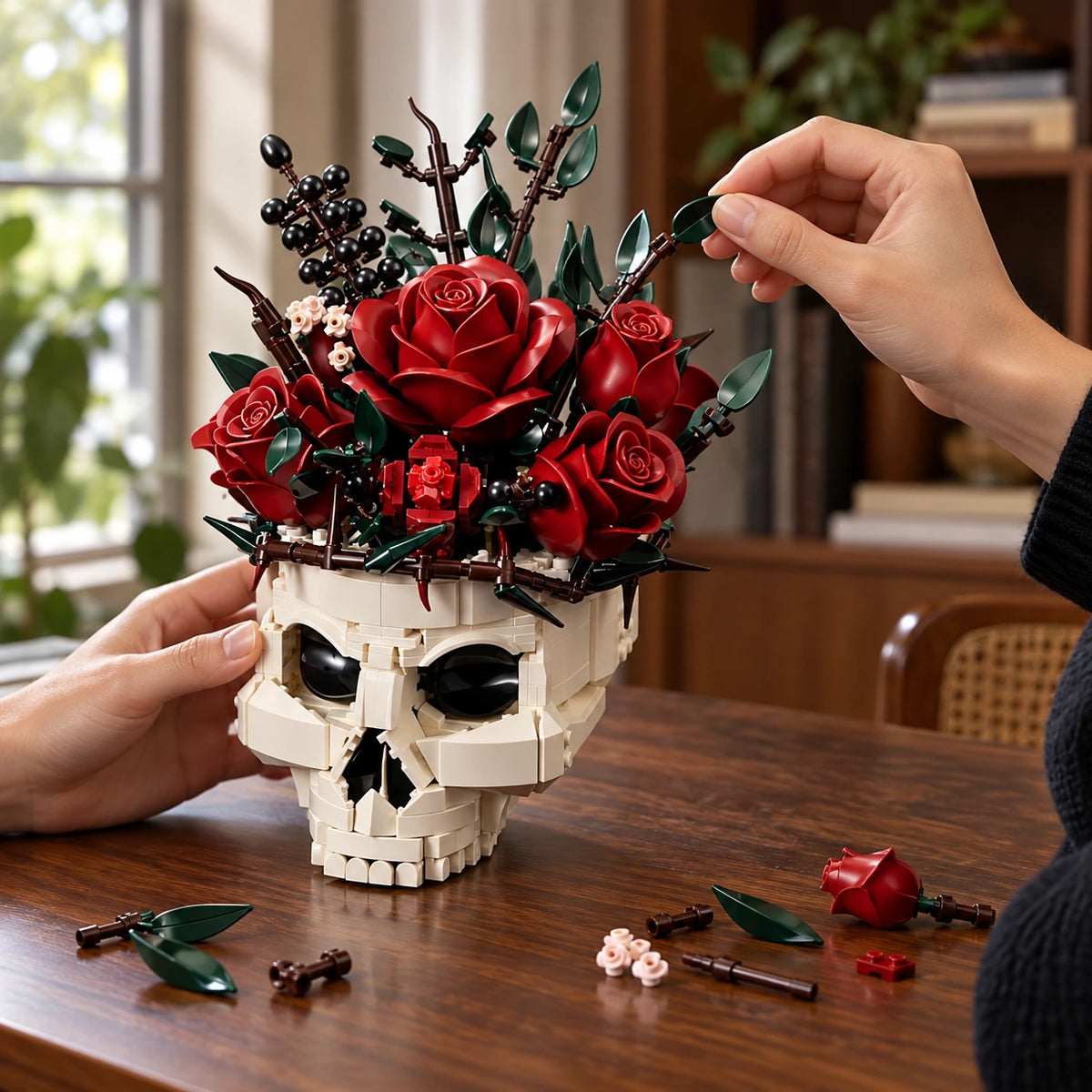 Adult hands assembling the skull and rose building set