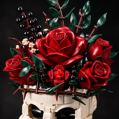 Close-up of red building-piece roses and dark green leaves