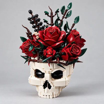 Full view of the assembled skull and rose display