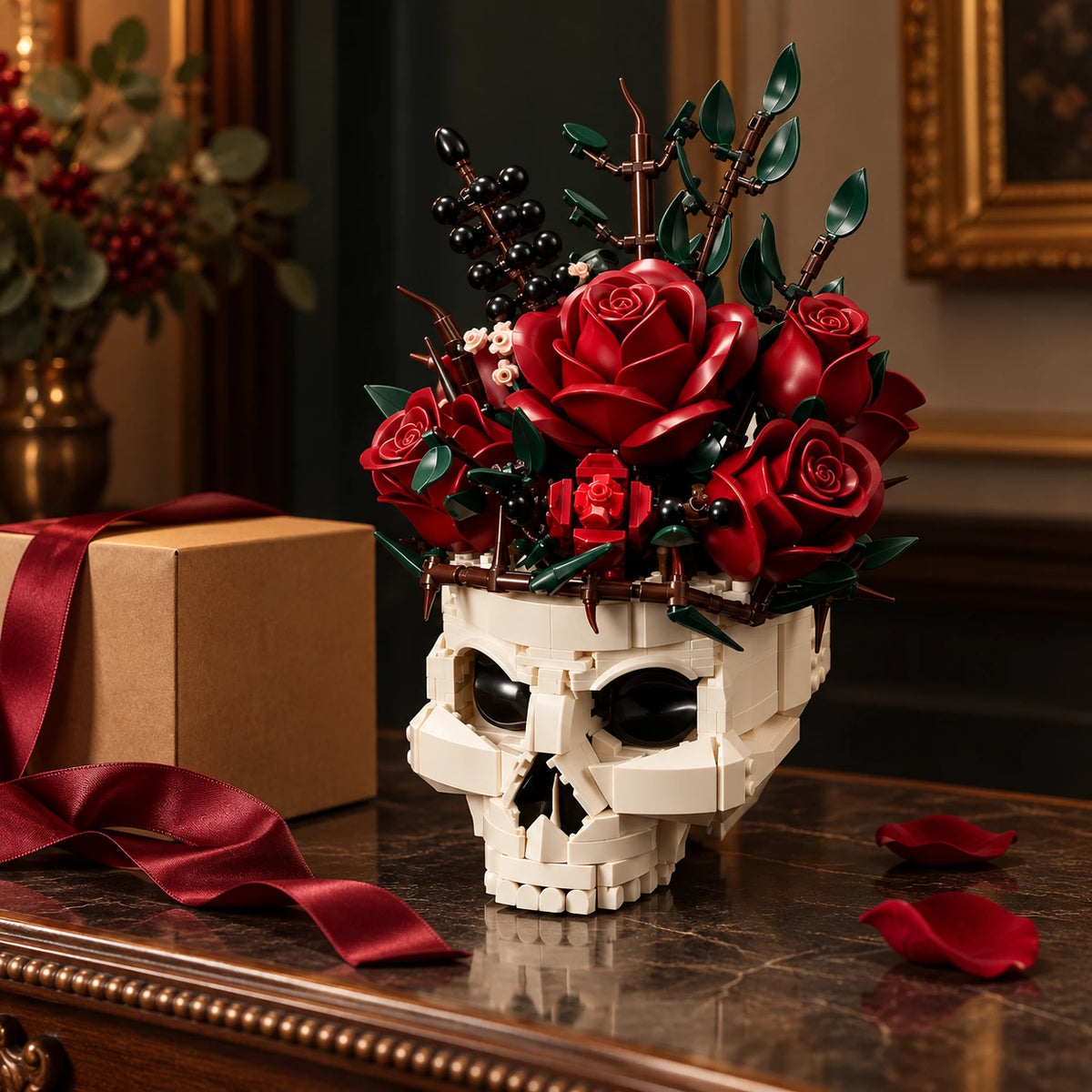 Skull rose building model in a gift-themed tabletop setting; props not included