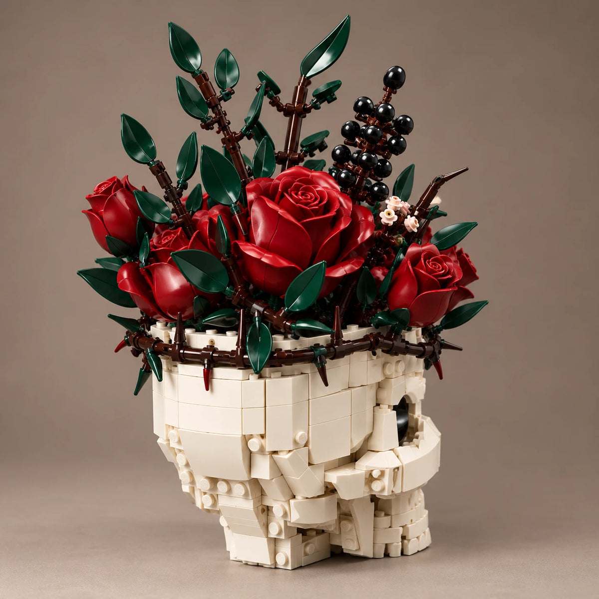 Rear-side view of skull building pieces and layered bouquet