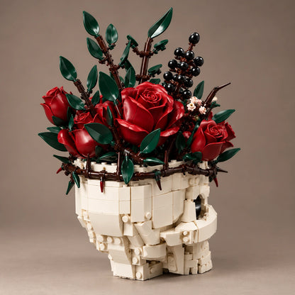 Rear-side view of skull building pieces and layered bouquet